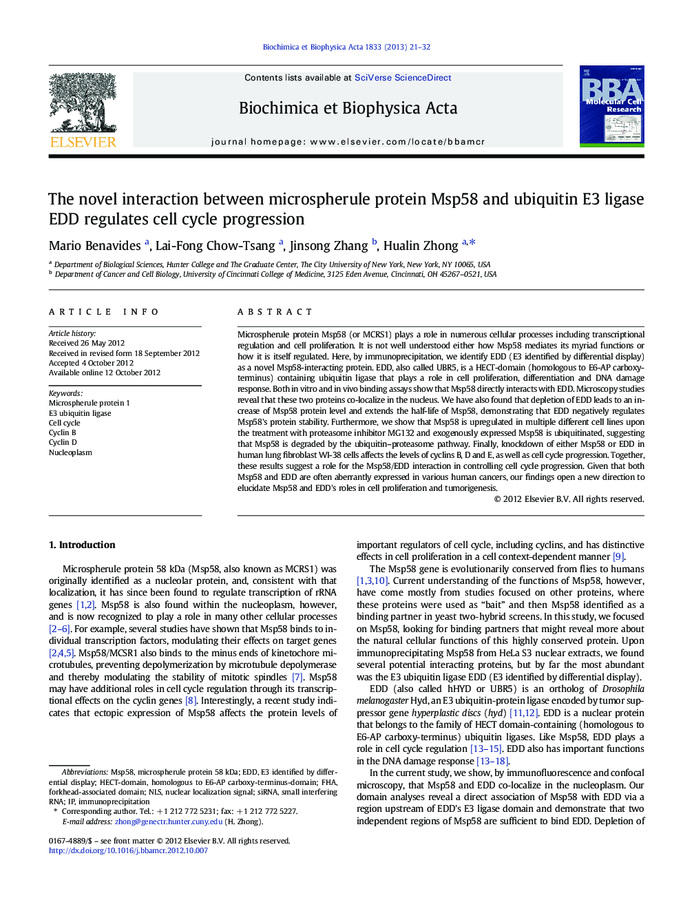 The novel interaction between microspherule protein Msp58 and ubiquitin E3 ligase EDD regulates cell cycle progression