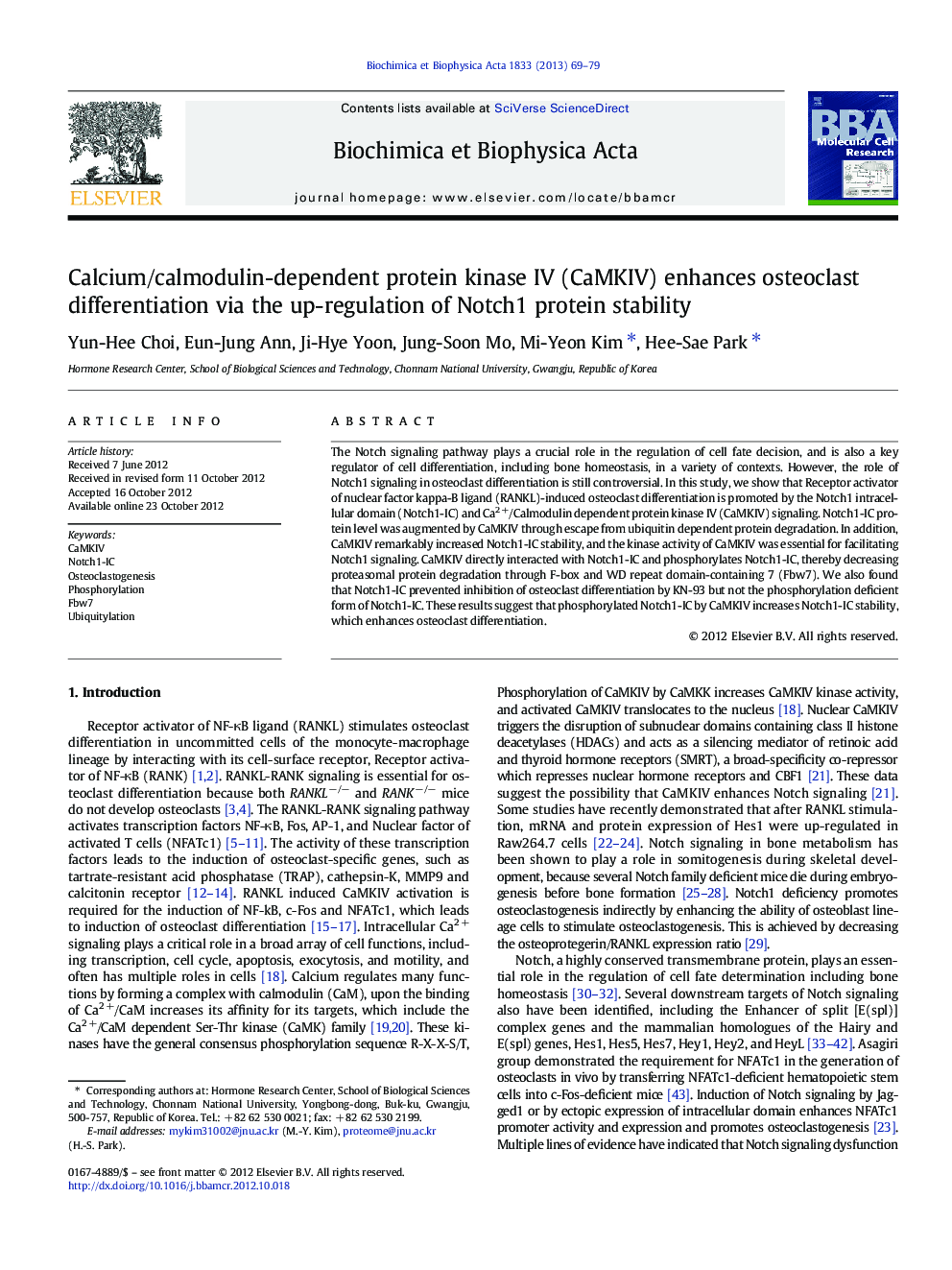 Calcium/calmodulin-dependent protein kinase IV (CaMKIV) enhances osteoclast differentiation via the up-regulation of Notch1 protein stability