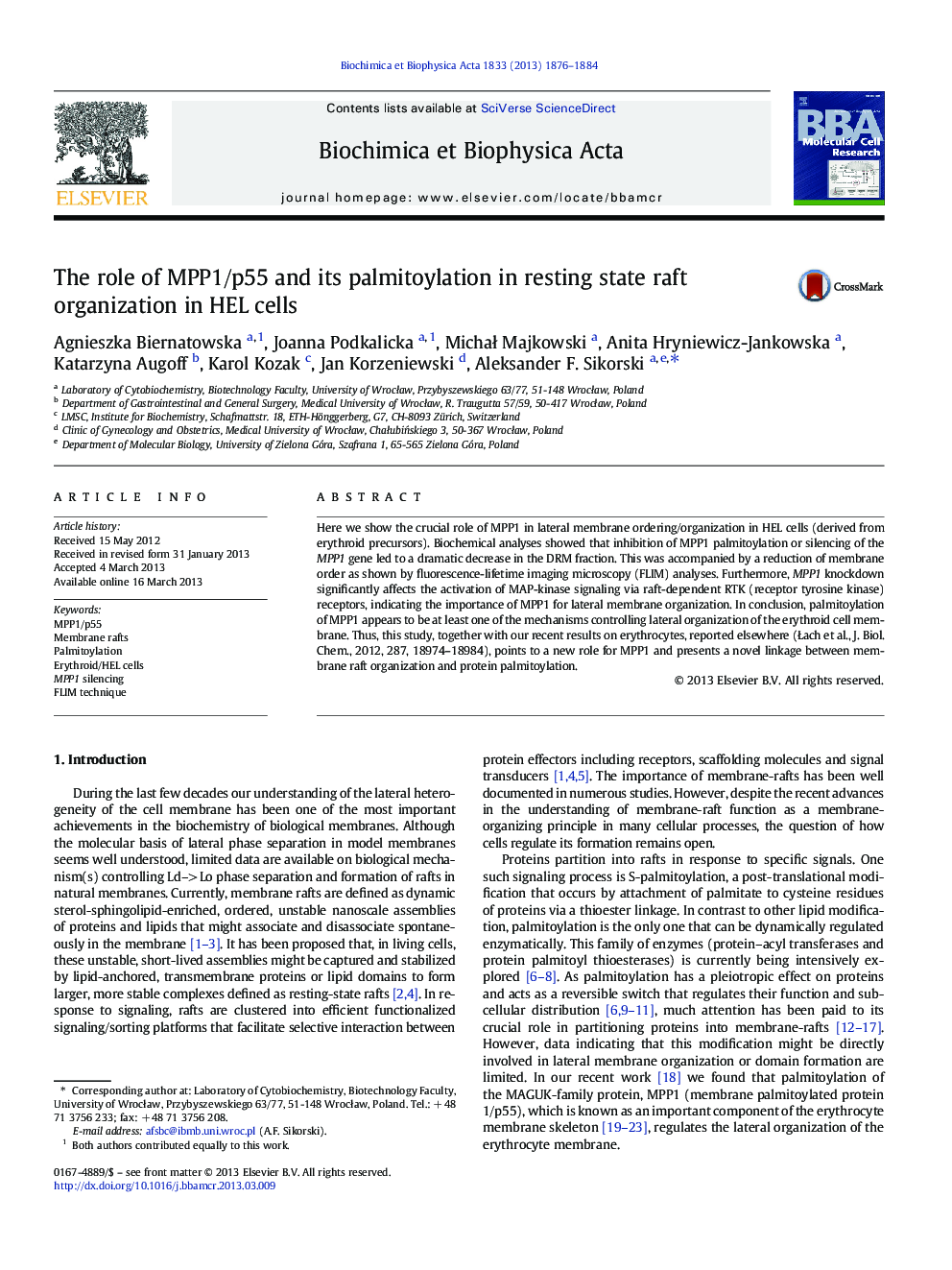 The role of MPP1/p55 and its palmitoylation in resting state raft organization in HEL cells