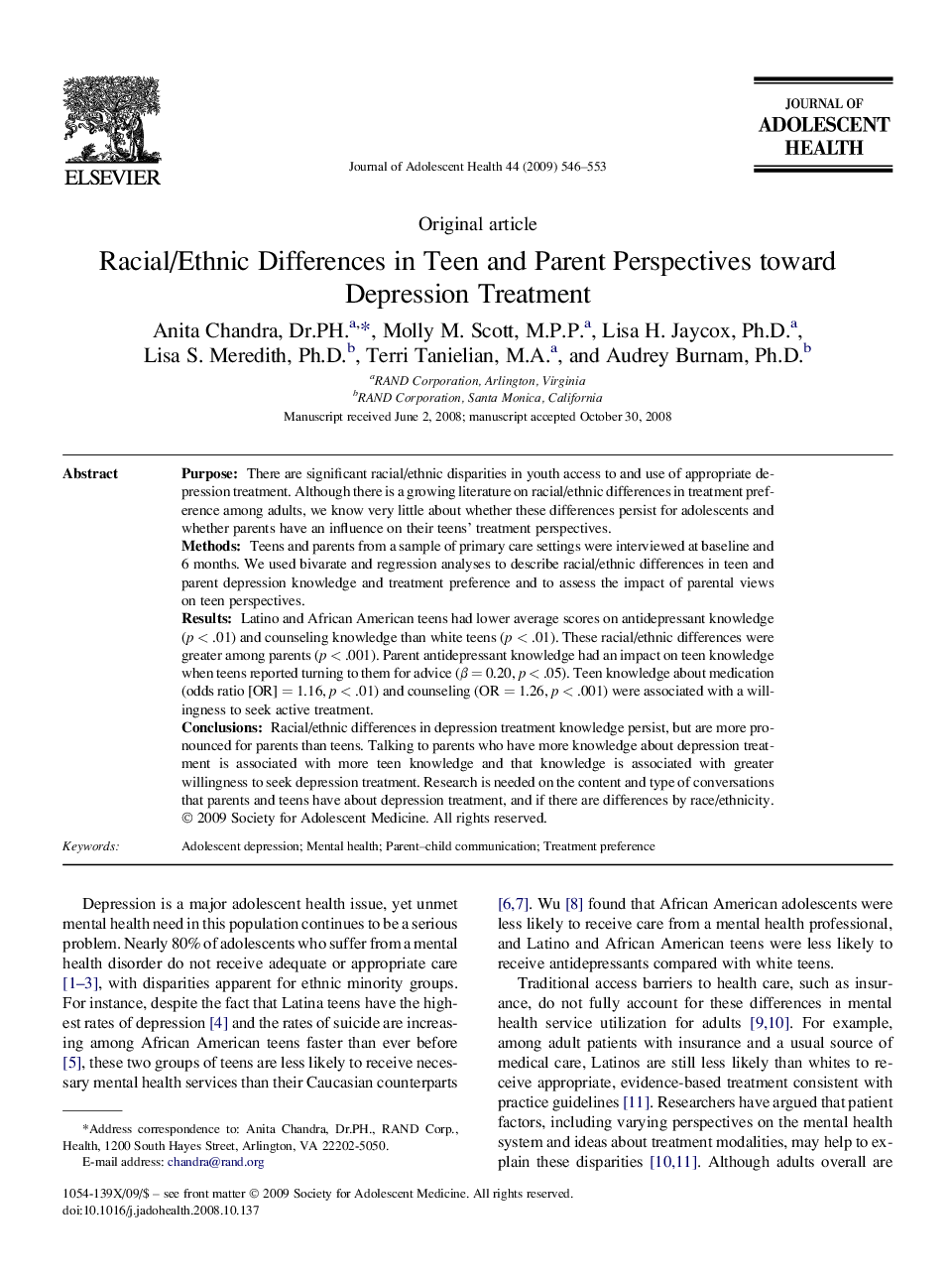 Racial/Ethnic Differences in Teen and Parent Perspectives toward Depression Treatment