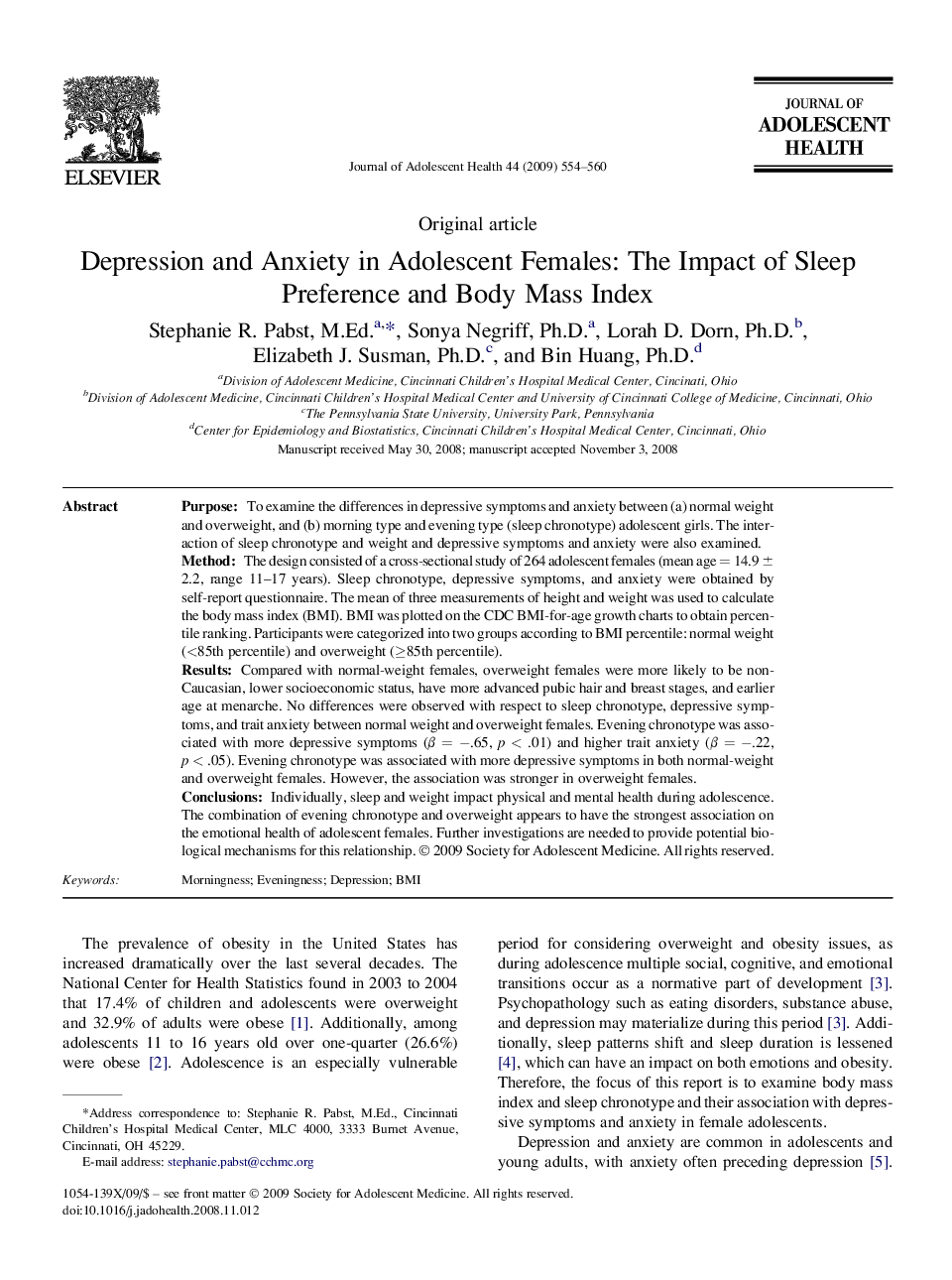 Depression and Anxiety in Adolescent Females: The Impact of Sleep Preference and Body Mass Index