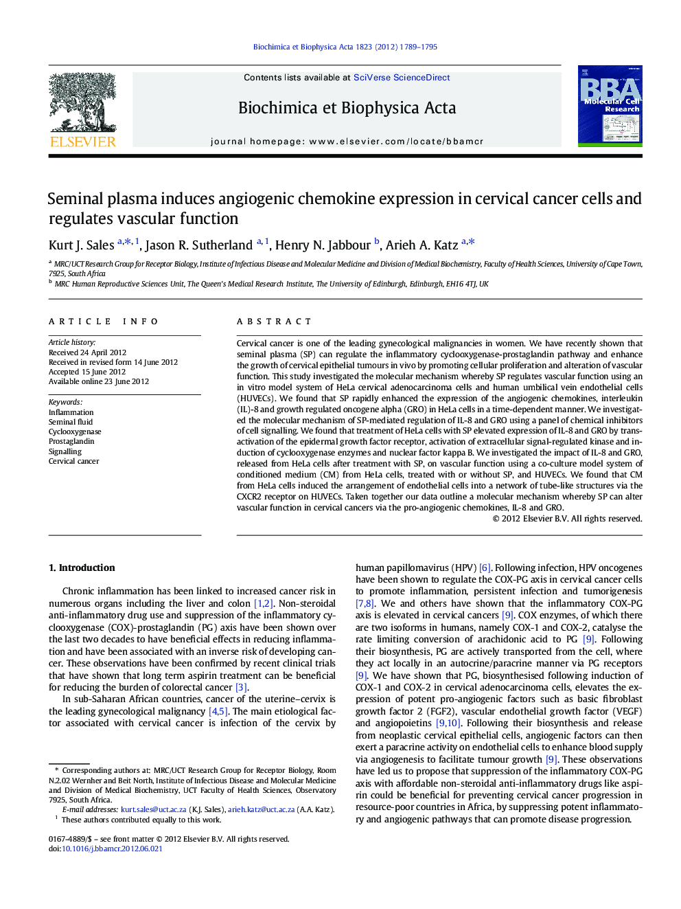 Seminal plasma induces angiogenic chemokine expression in cervical cancer cells and regulates vascular function