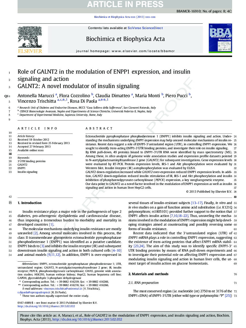 Role of GALNT2 in the modulation of ENPP1 expression, and insulin signaling and action