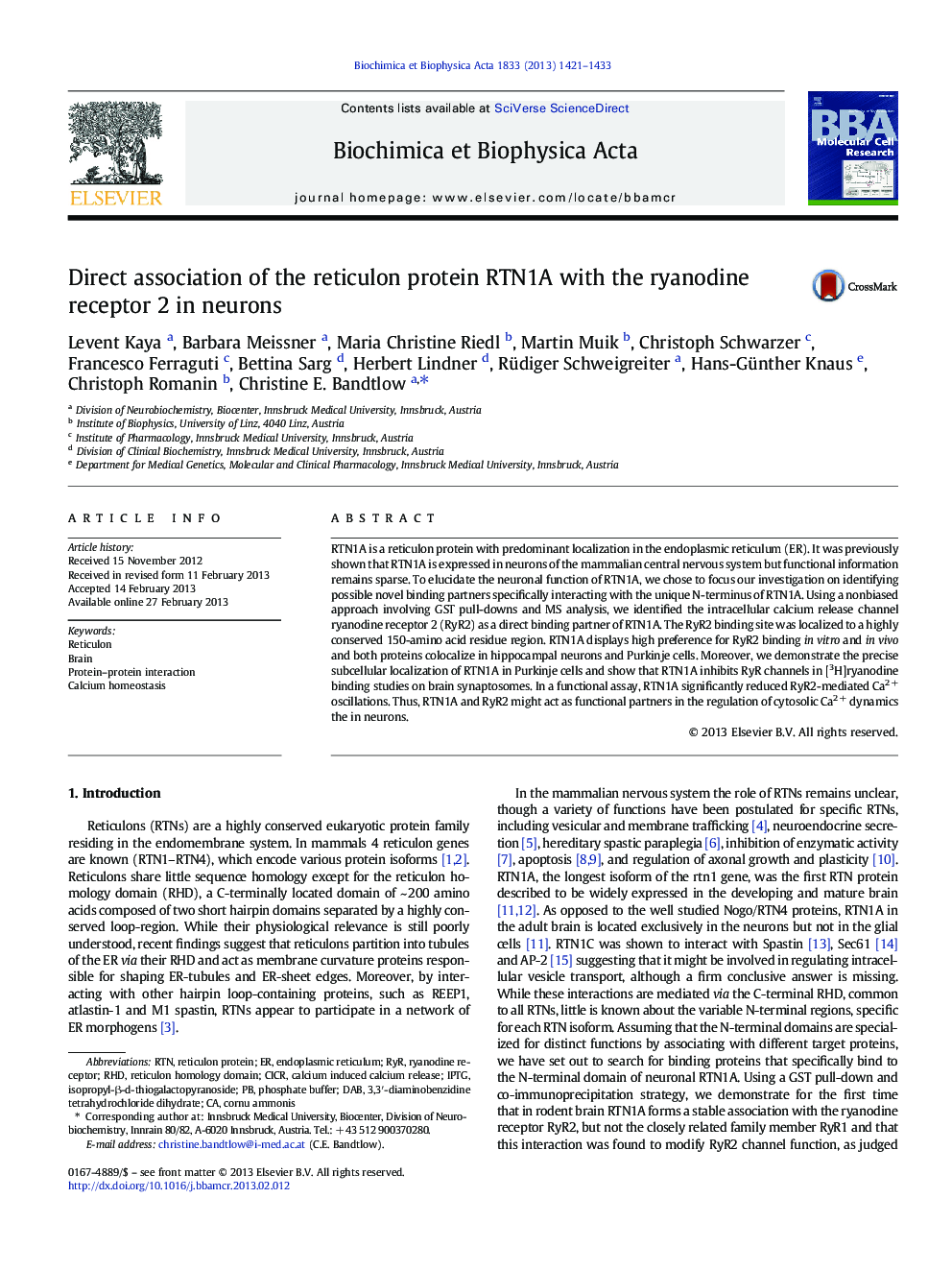 Direct association of the reticulon protein RTN1A with the ryanodine receptor 2 in neurons