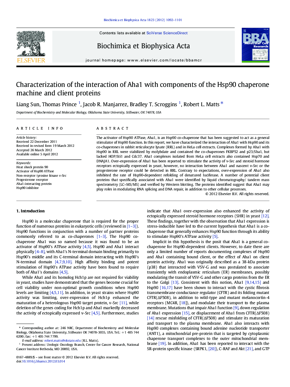 Characterization of the interaction of Aha1 with components of the Hsp90 chaperone machine and client proteins