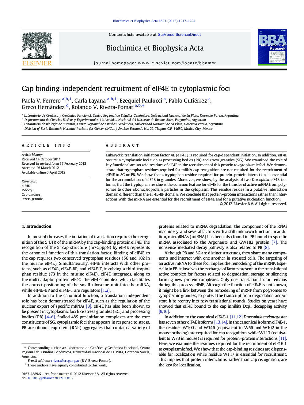 Cap binding-independent recruitment of eIF4E to cytoplasmic foci