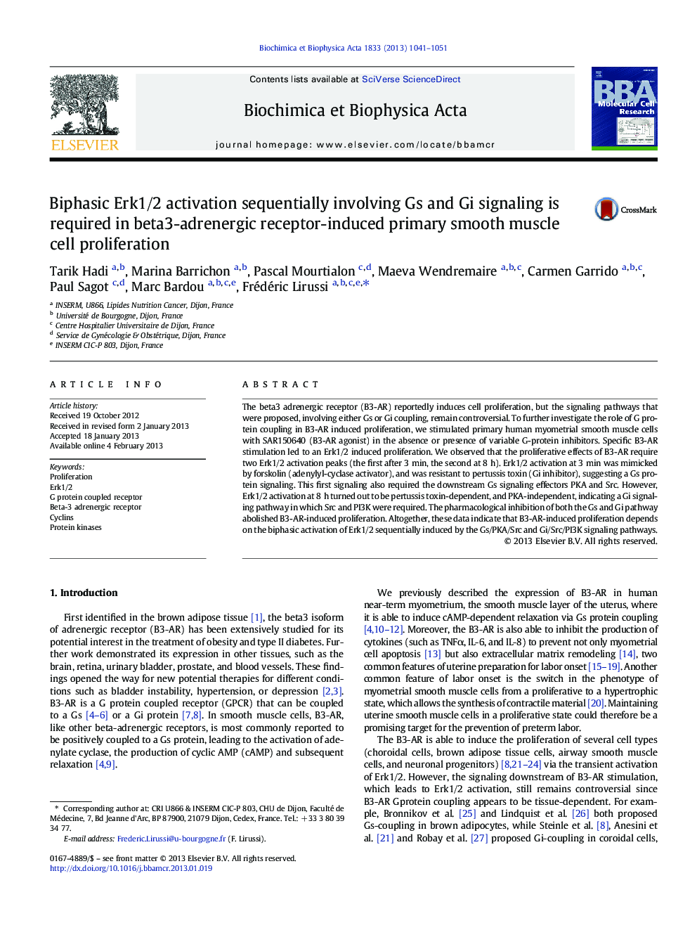 Biphasic Erk1/2 activation sequentially involving Gs and Gi signaling is required in beta3-adrenergic receptor-induced primary smooth muscle cell proliferation