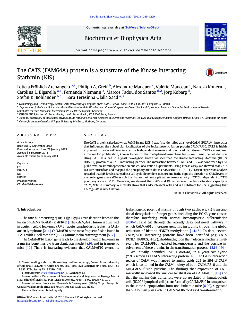 The CATS (FAM64A) protein is a substrate of the Kinase Interacting Stathmin (KIS)