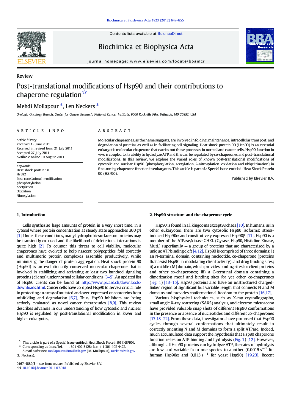 Post-translational modifications of Hsp90 and their contributions to chaperone regulation