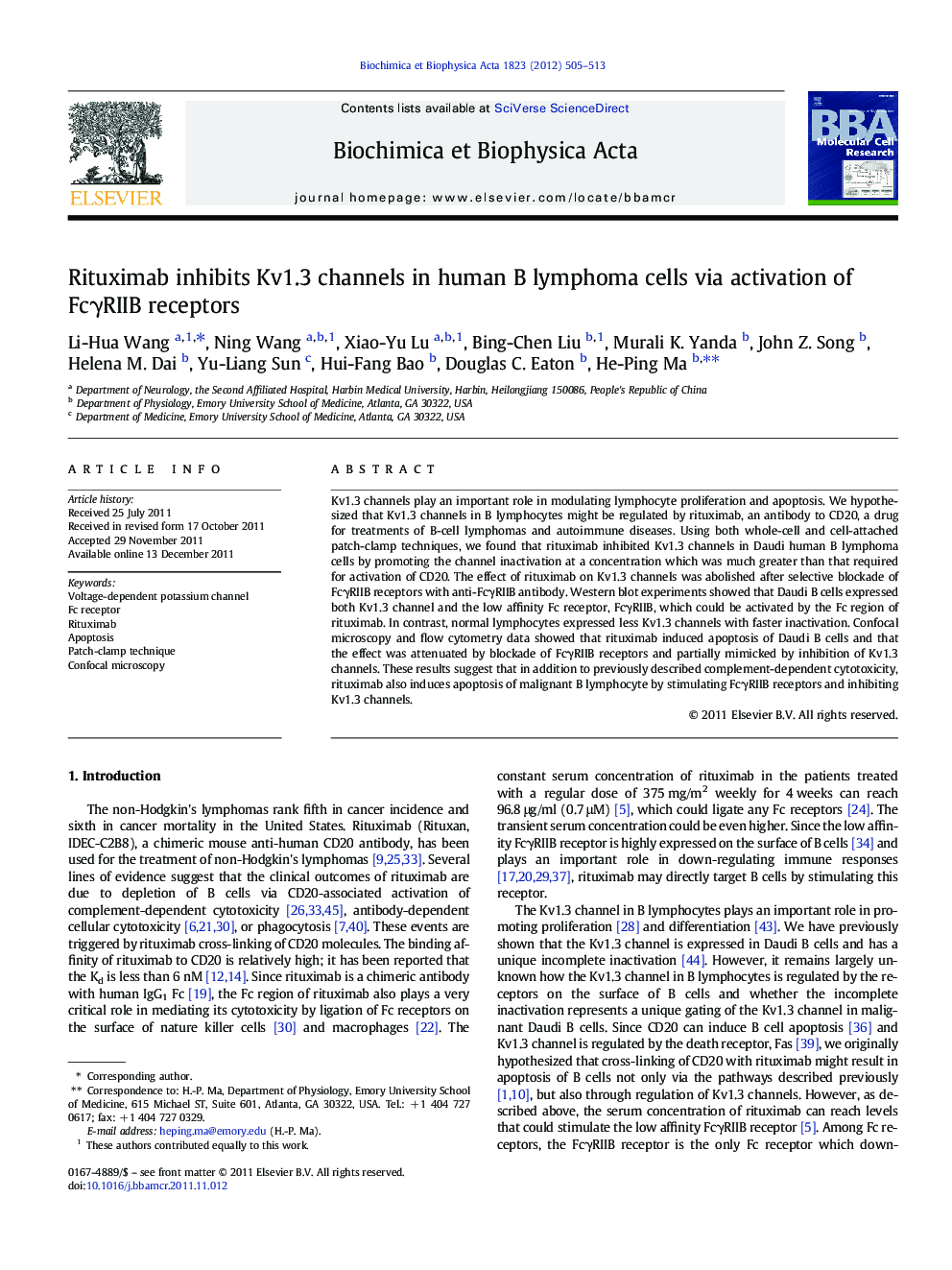 Rituximab inhibits Kv1.3 channels in human B lymphoma cells via activation of FcÎ³RIIB receptors