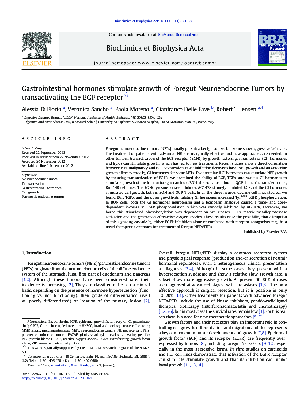 Gastrointestinal hormones stimulate growth of Foregut Neuroendocrine Tumors by transactivating the EGF receptor