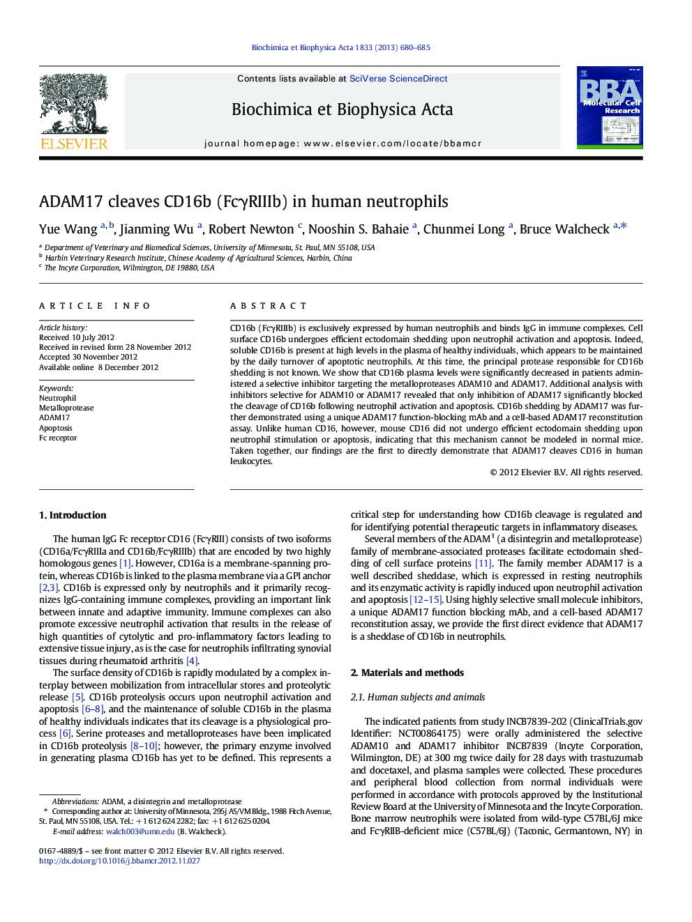 ADAM17 cleaves CD16b (FcÎ³RIIIb) in human neutrophils