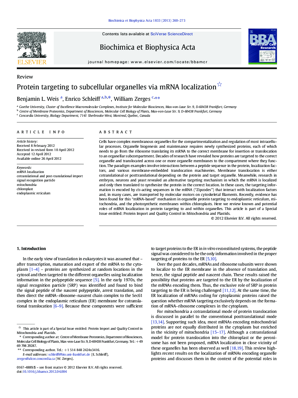 Protein targeting to subcellular organelles via mRNA localization