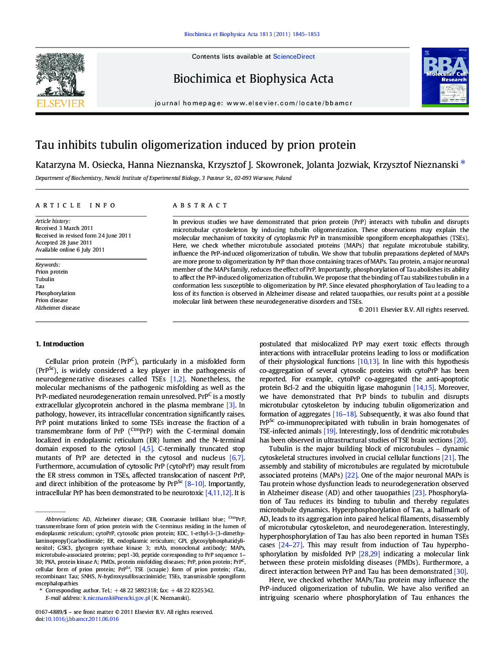 Tau inhibits tubulin oligomerization induced by prion protein