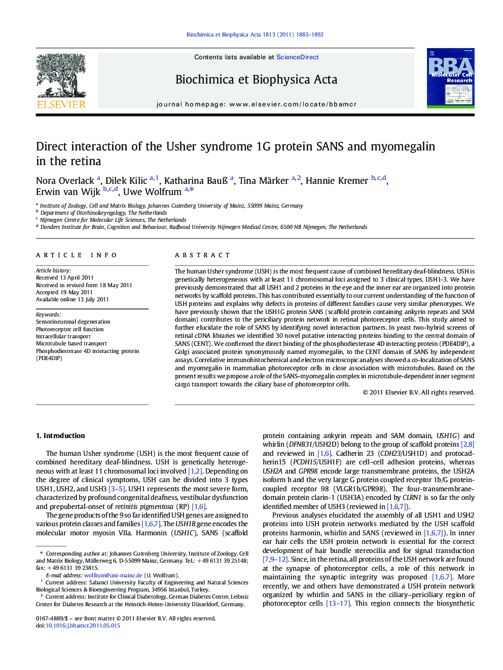 Direct interaction of the Usher syndrome 1G protein SANS and myomegalin in the retina