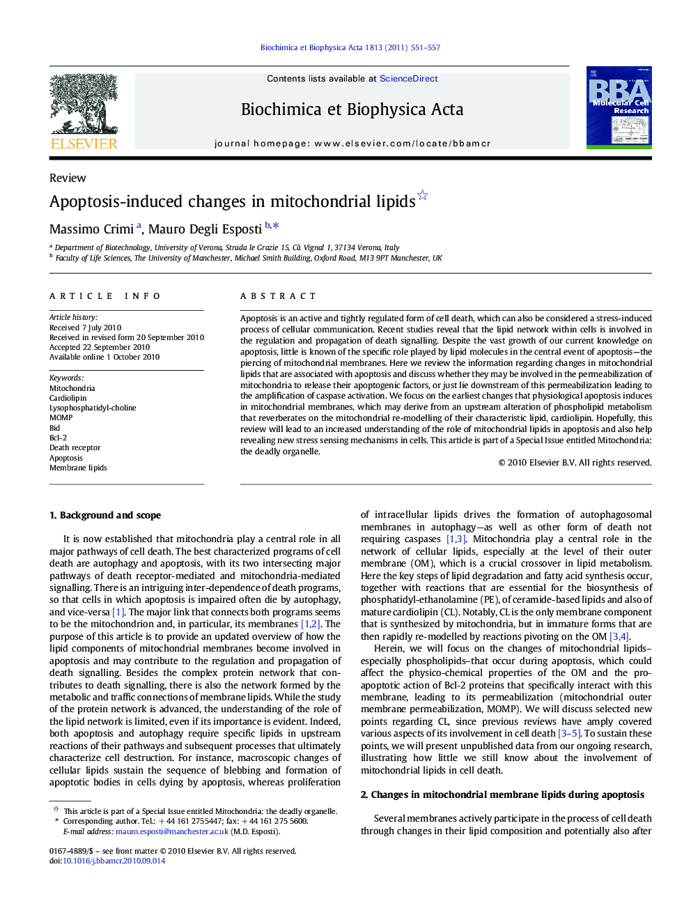 Apoptosis-induced changes in mitochondrial lipids