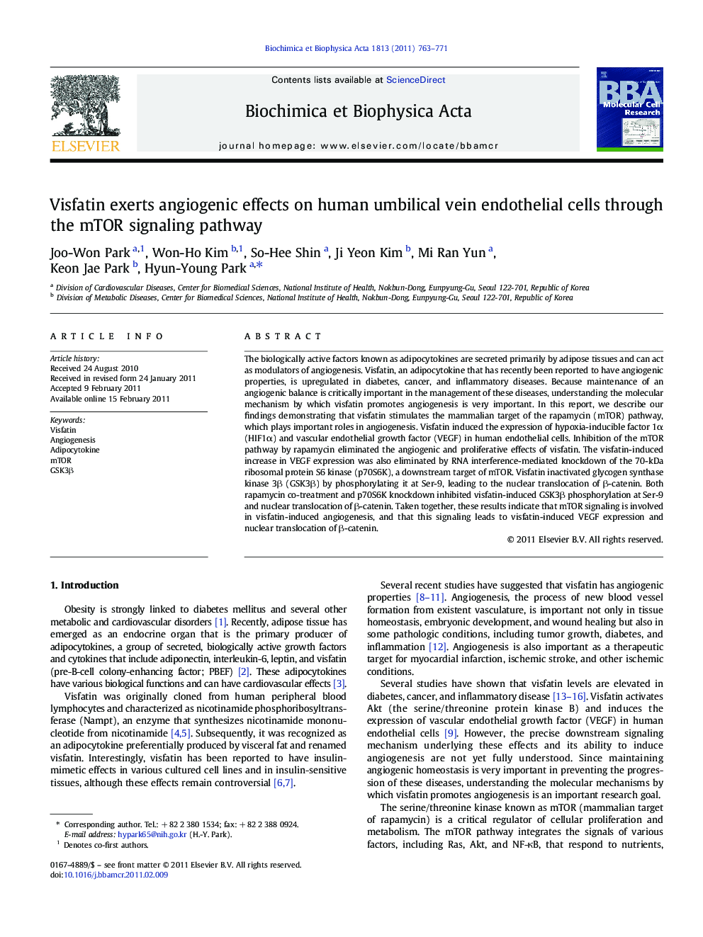 Visfatin exerts angiogenic effects on human umbilical vein endothelial cells through the mTOR signaling pathway