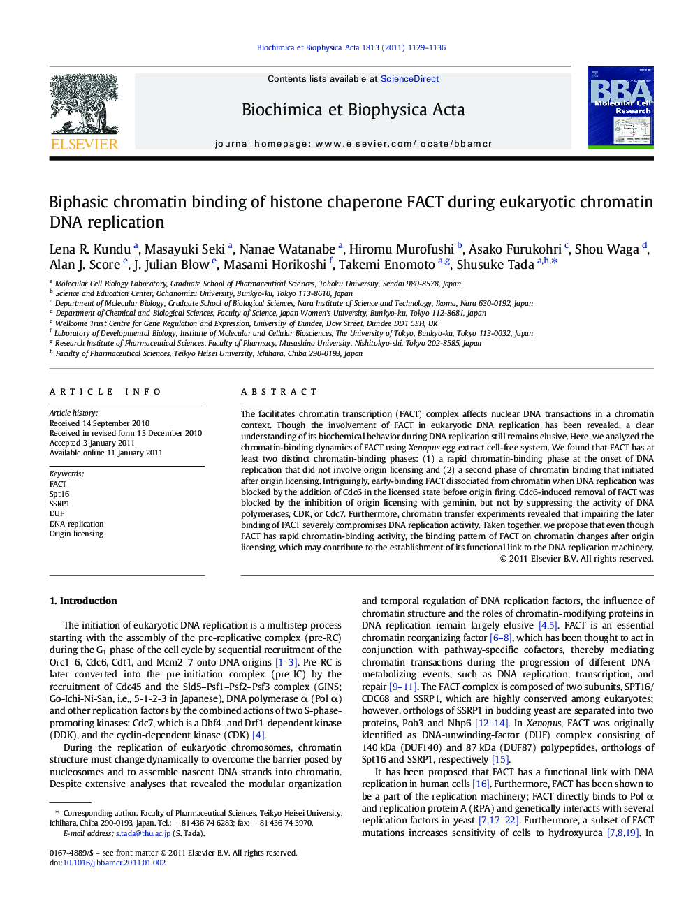 Biphasic chromatin binding of histone chaperone FACT during eukaryotic chromatin DNA replication