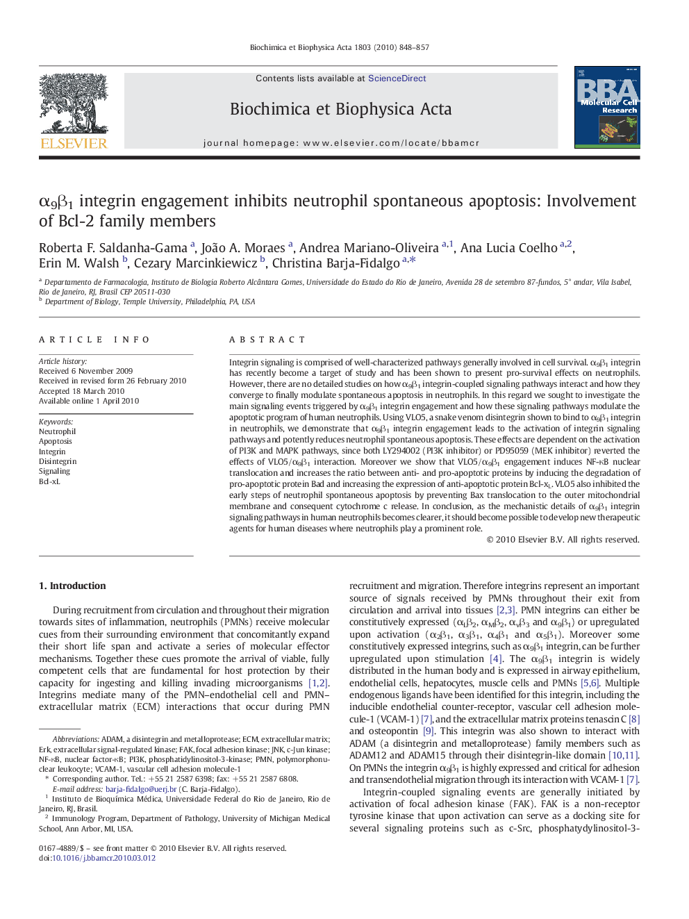 Î±9Î²1 integrin engagement inhibits neutrophil spontaneous apoptosis: Involvement of Bcl-2 family members