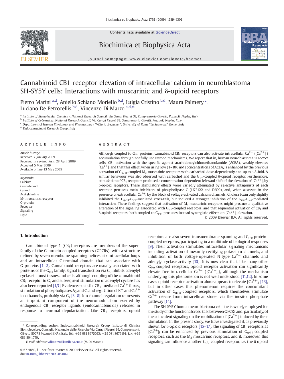 Cannabinoid CB1 receptor elevation of intracellular calcium in neuroblastoma SH-SY5Y cells: Interactions with muscarinic and Î´-opioid receptors