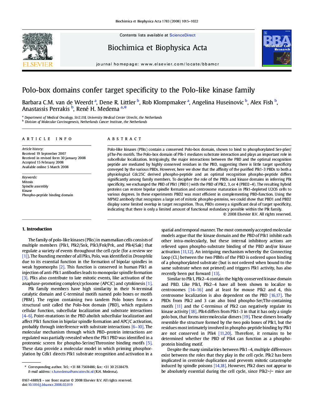 Polo-box domains confer target specificity to the Polo-like kinase family