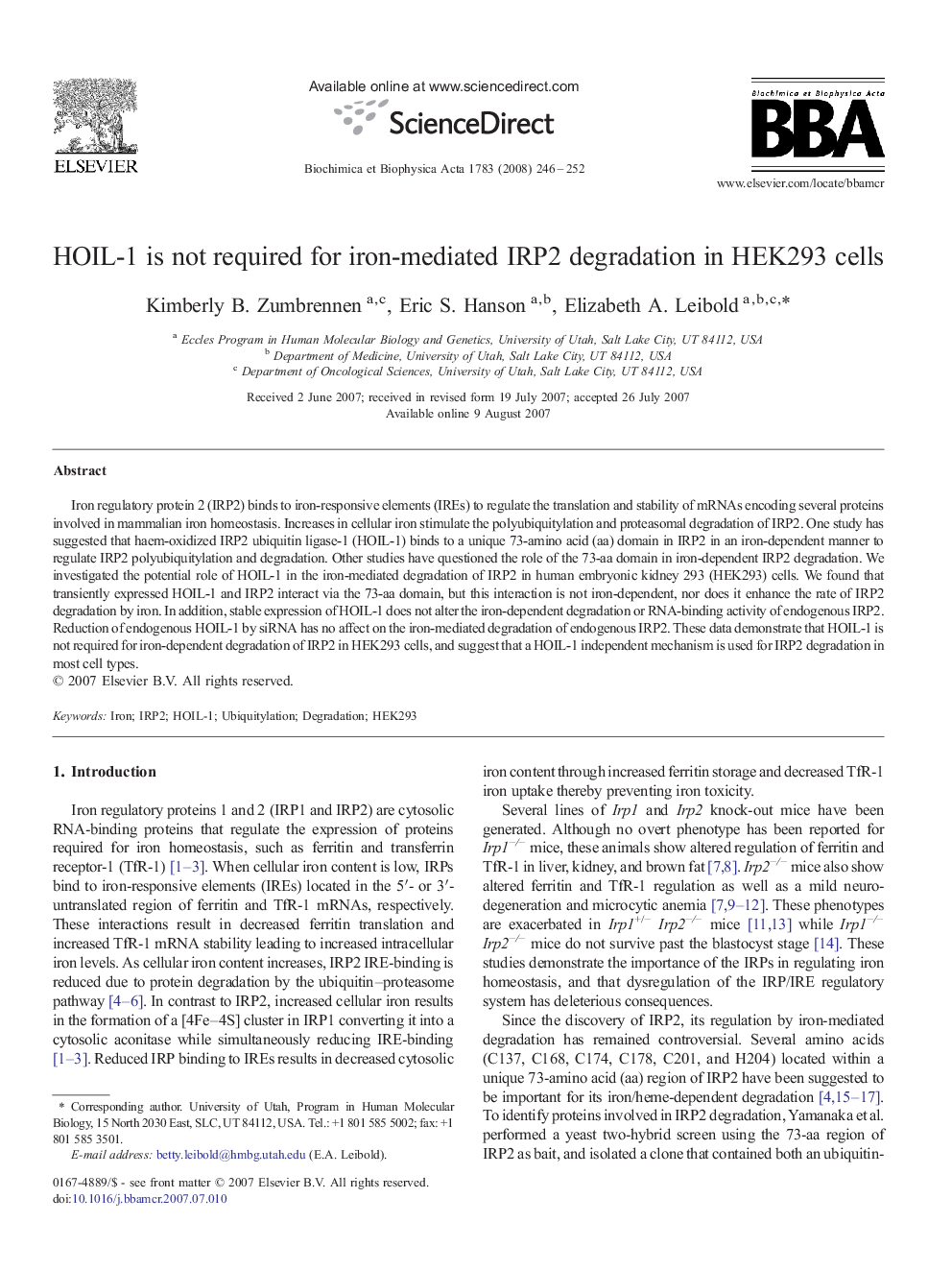 HOIL-1 is not required for iron-mediated IRP2 degradation in HEK293 cells