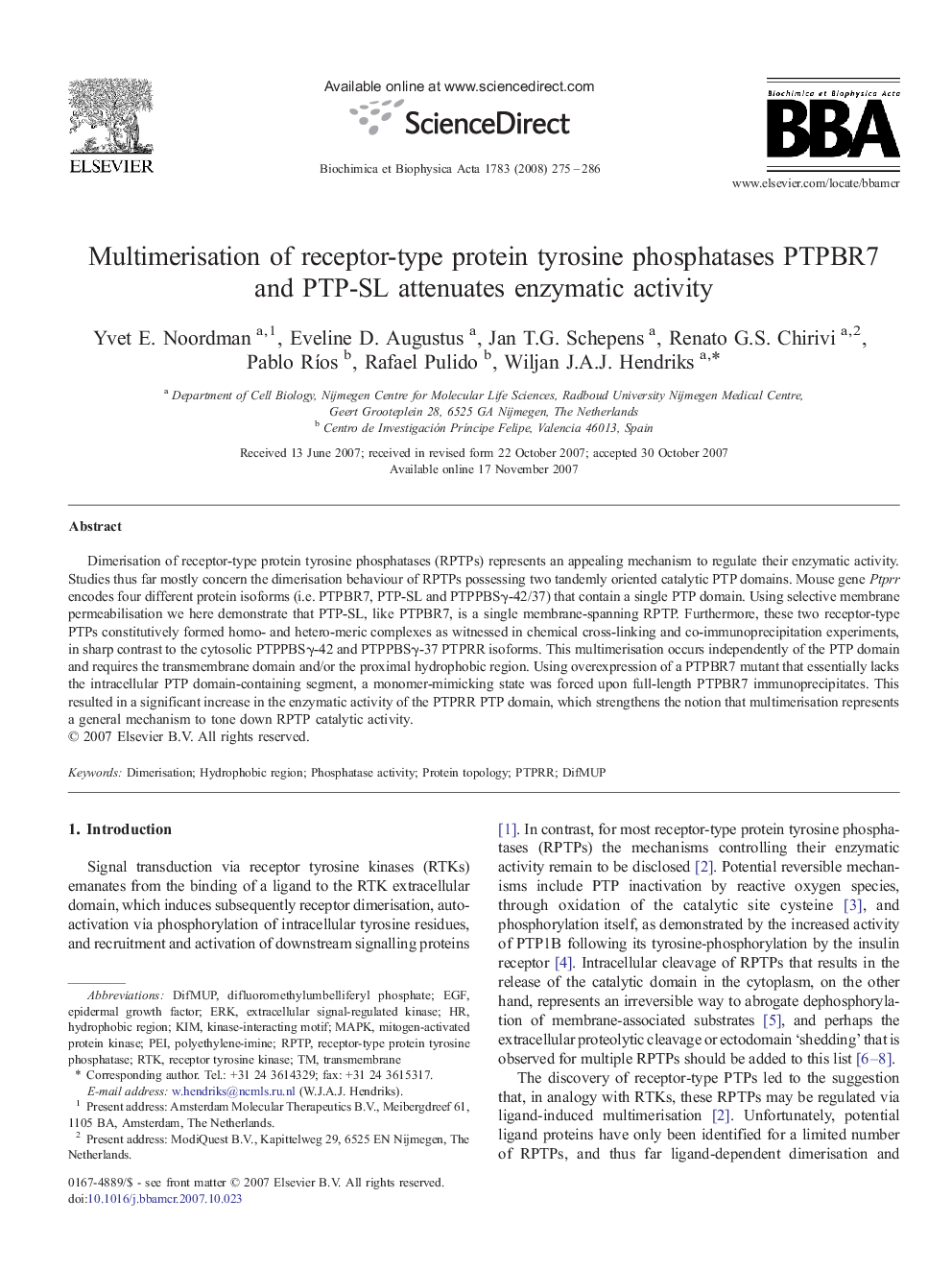 Multimerisation of receptor-type protein tyrosine phosphatases PTPBR7 and PTP-SL attenuates enzymatic activity