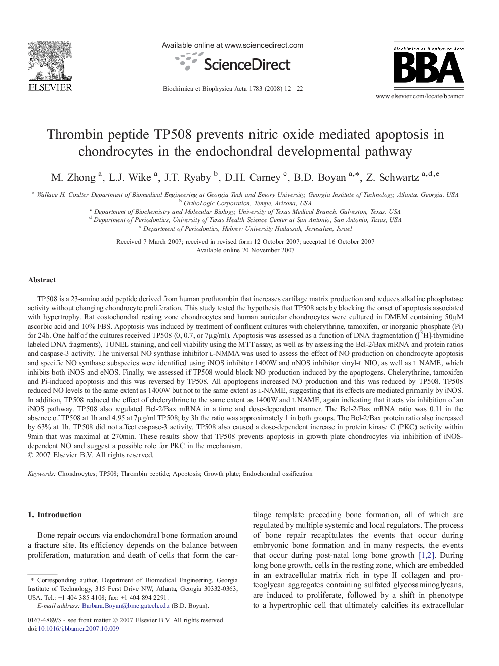 Thrombin peptide TP508 prevents nitric oxide mediated apoptosis in chondrocytes in the endochondral developmental pathway