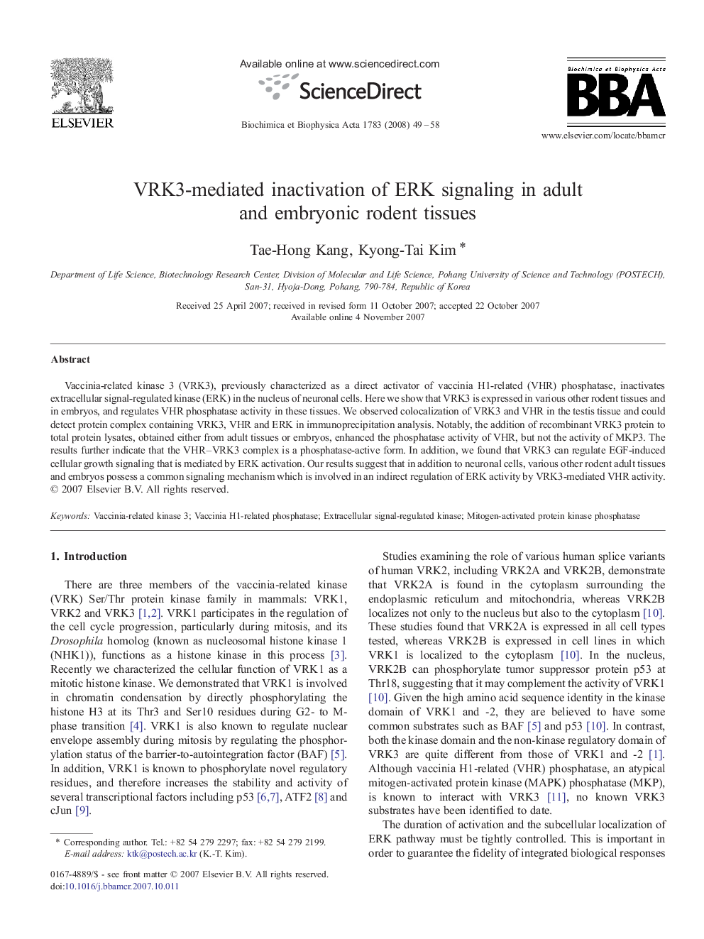 VRK3-mediated inactivation of ERK signaling in adult and embryonic rodent tissues