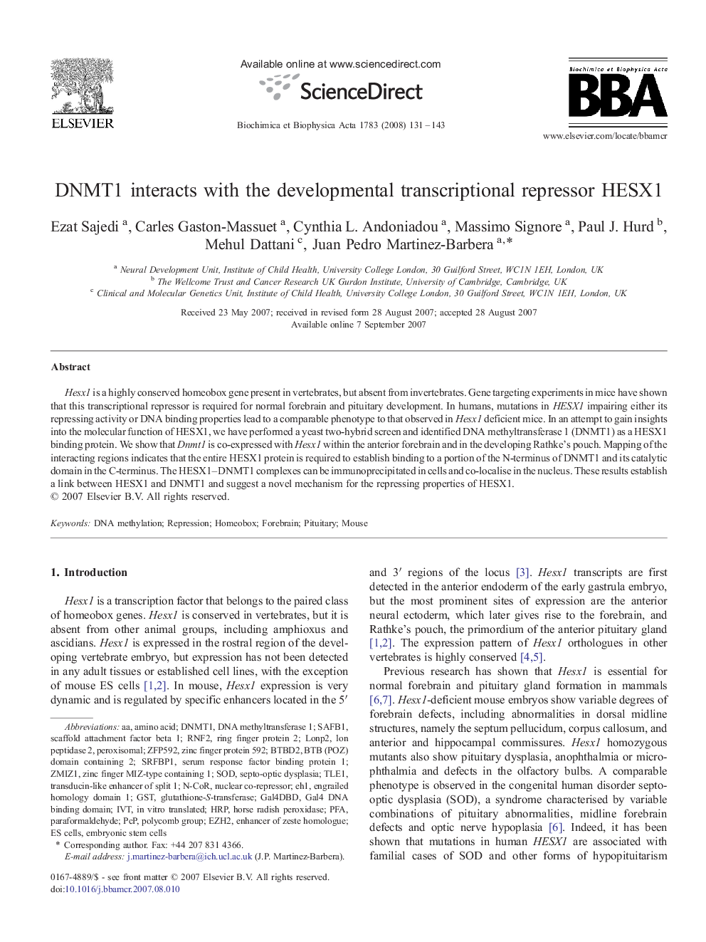 DNMT1 interacts with the developmental transcriptional repressor HESX1