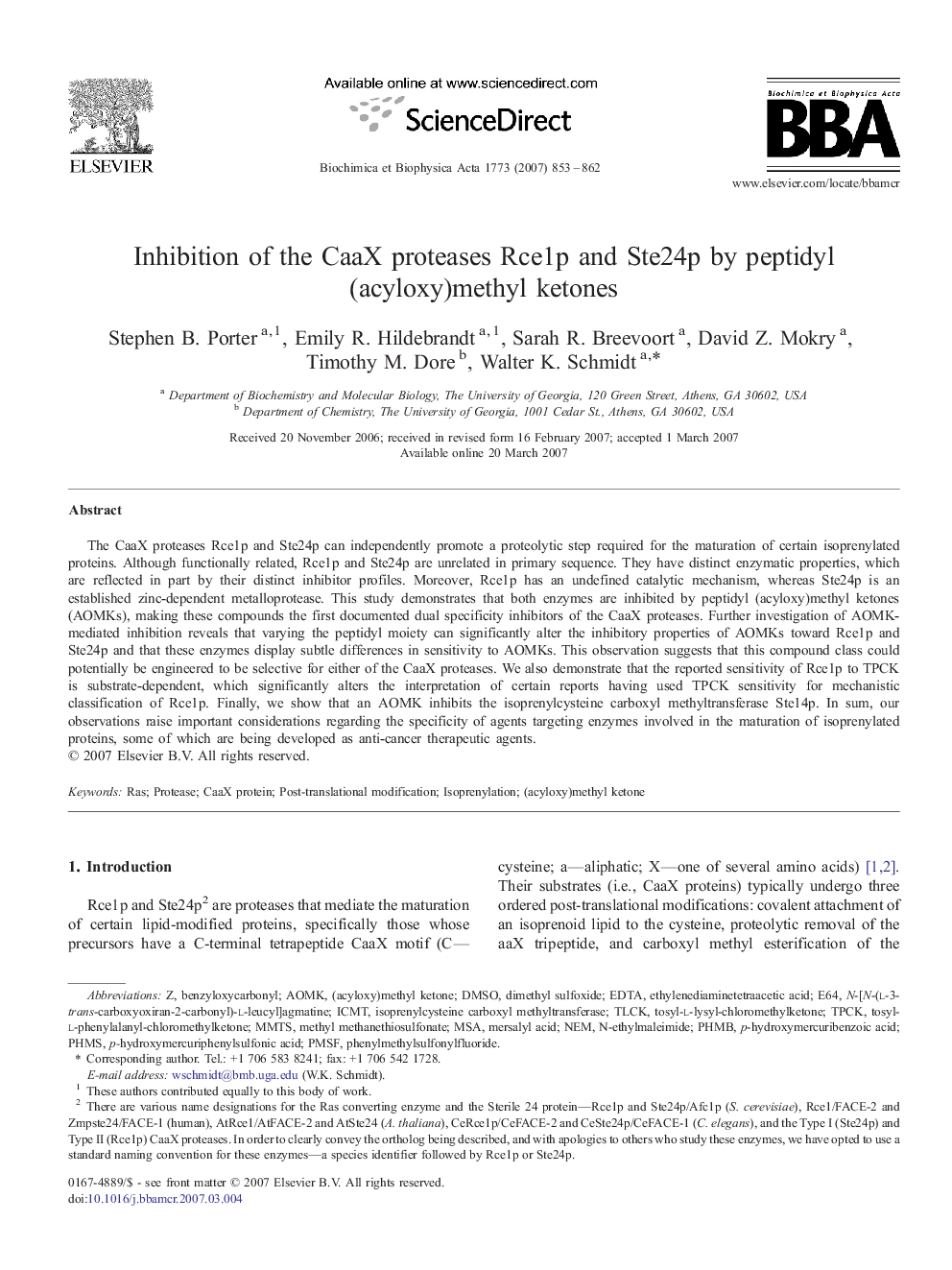 Inhibition of the CaaX proteases Rce1p and Ste24p by peptidyl (acyloxy)methyl ketones