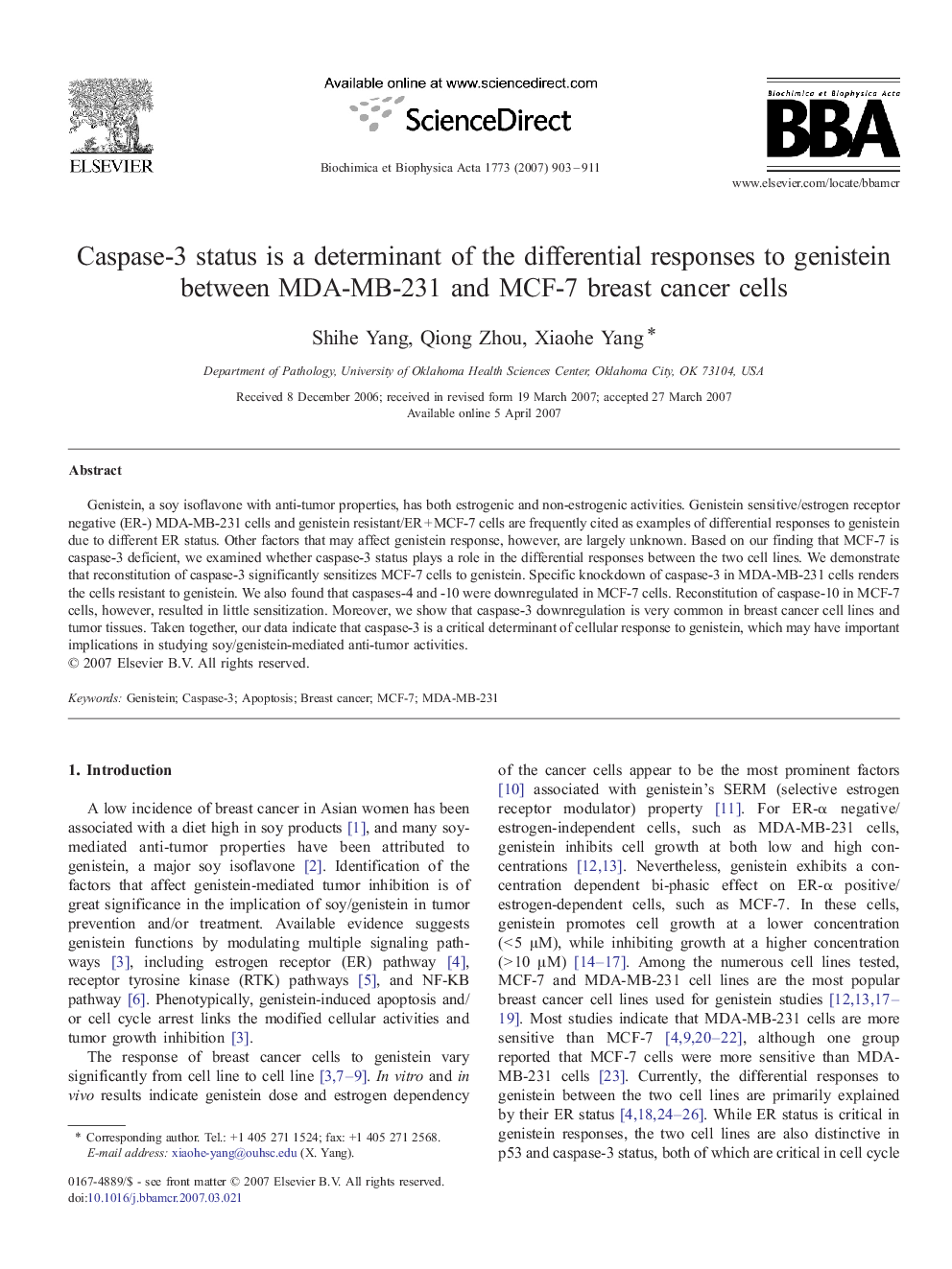 Caspase-3 status is a determinant of the differential responses to genistein between MDA-MB-231 and MCF-7 breast cancer cells