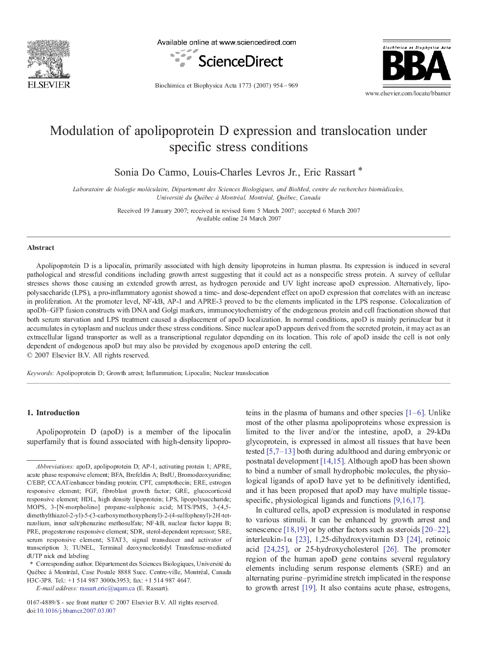 عکس صفحه اول مقاله: Modulation of apolipoprotein D expression and translocation under specific stress conditions Modulation of apolipoprotein D expression and translocation under specific stress conditions