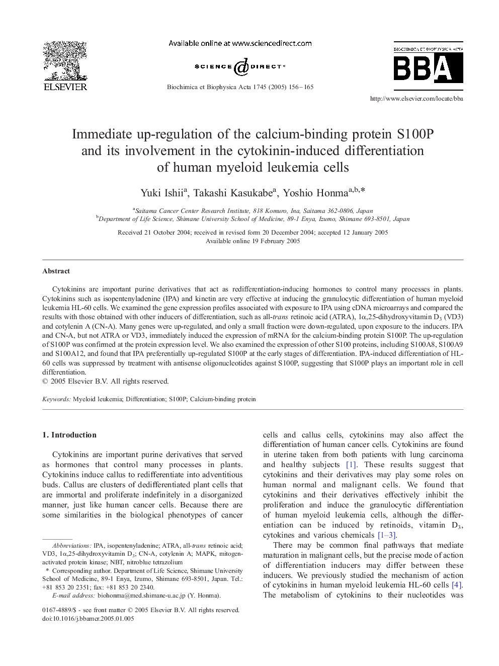 Immediate up-regulation of the calcium-binding protein S100P and its involvement in the cytokinin-induced differentiation of human myeloid leukemia cells