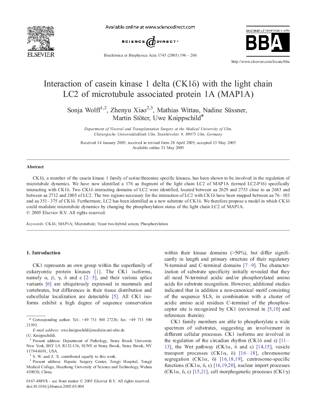 Interaction of casein kinase 1 delta (CK1Î´)Â with the light chain LC2 of microtubule associated protein 1A (MAP1A)