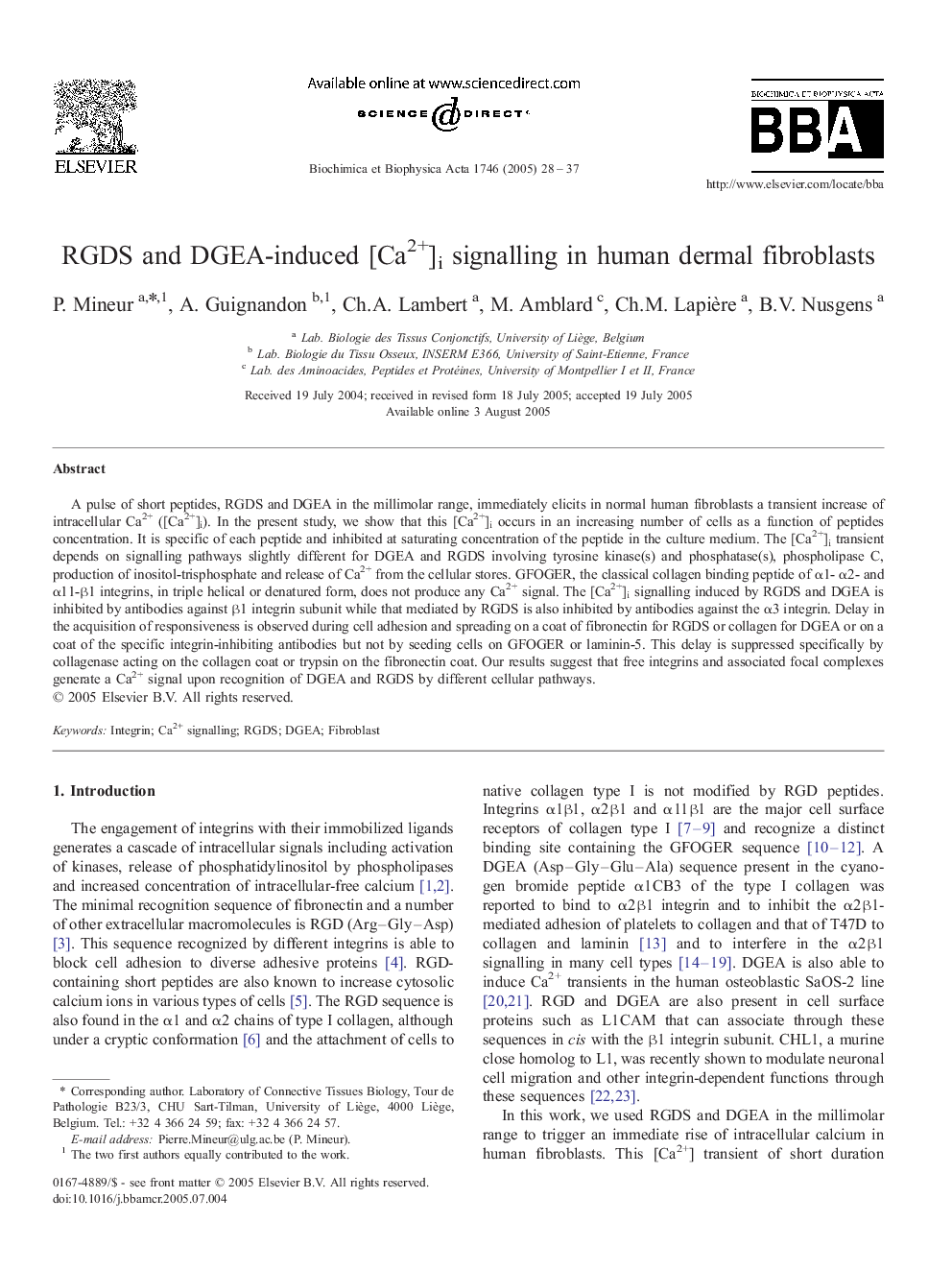 RGDS and DGEA-induced [Ca2+]i signalling in human dermal fibroblasts