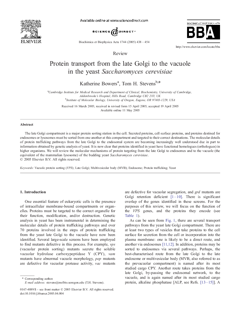 Protein transport from the late Golgi to the vacuole in the yeast Saccharomyces cerevisiae