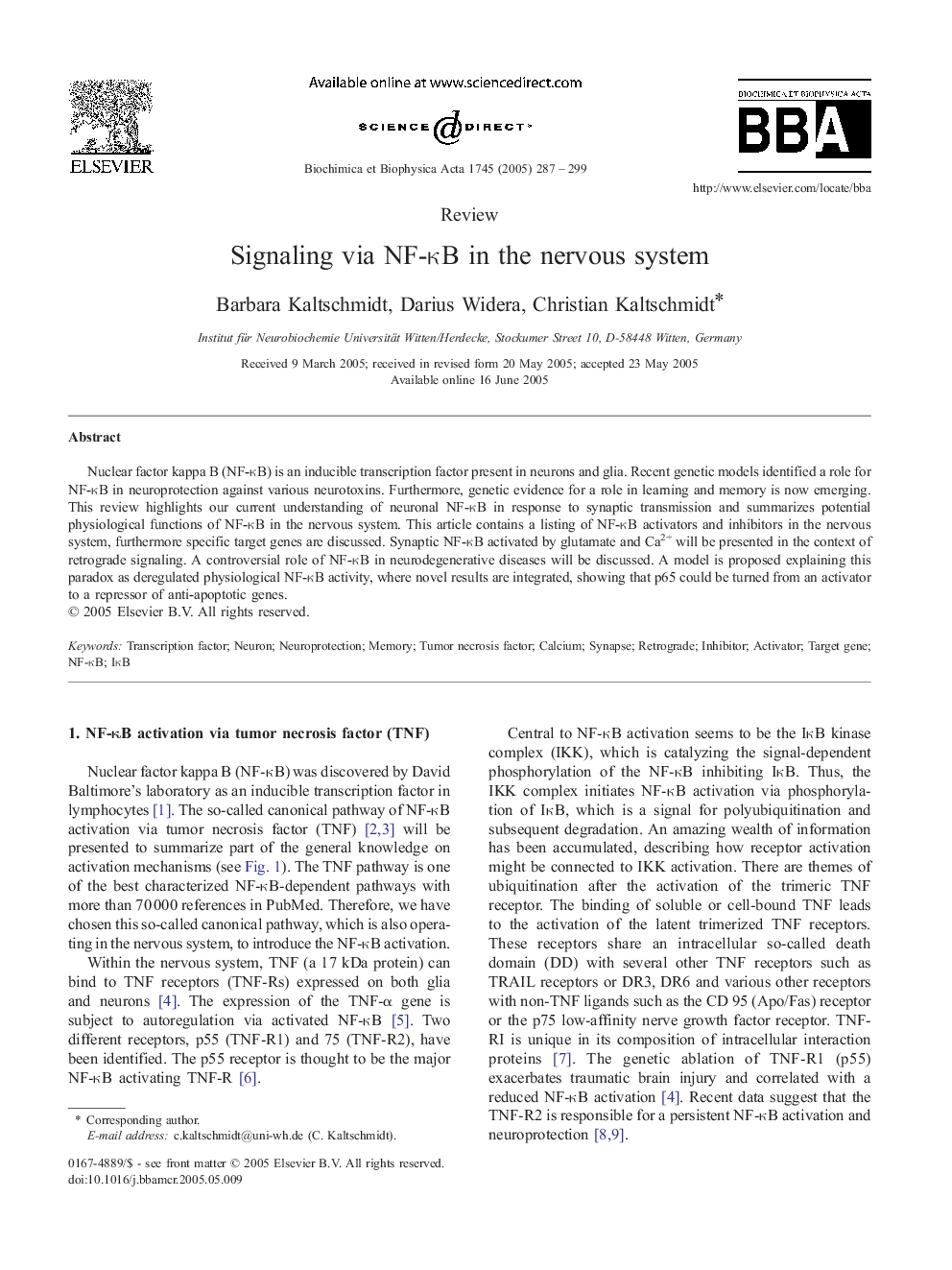 Signaling via NF-ÎºB in the nervous system