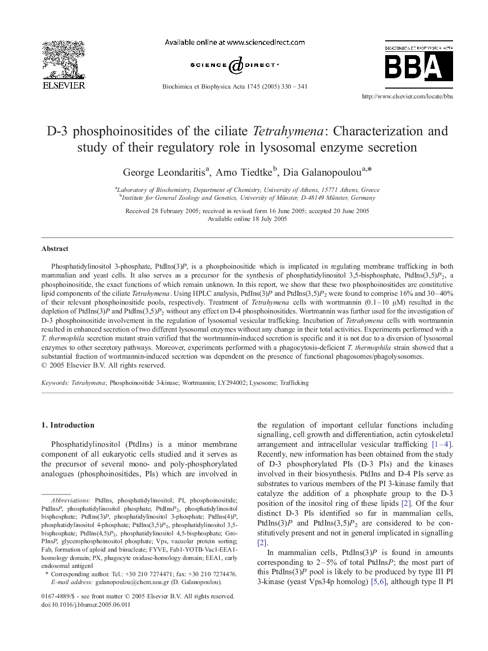 D-3 phosphoinositides of the ciliate Tetrahymena: Characterization and study of their regulatory role in lysosomal enzyme secretion