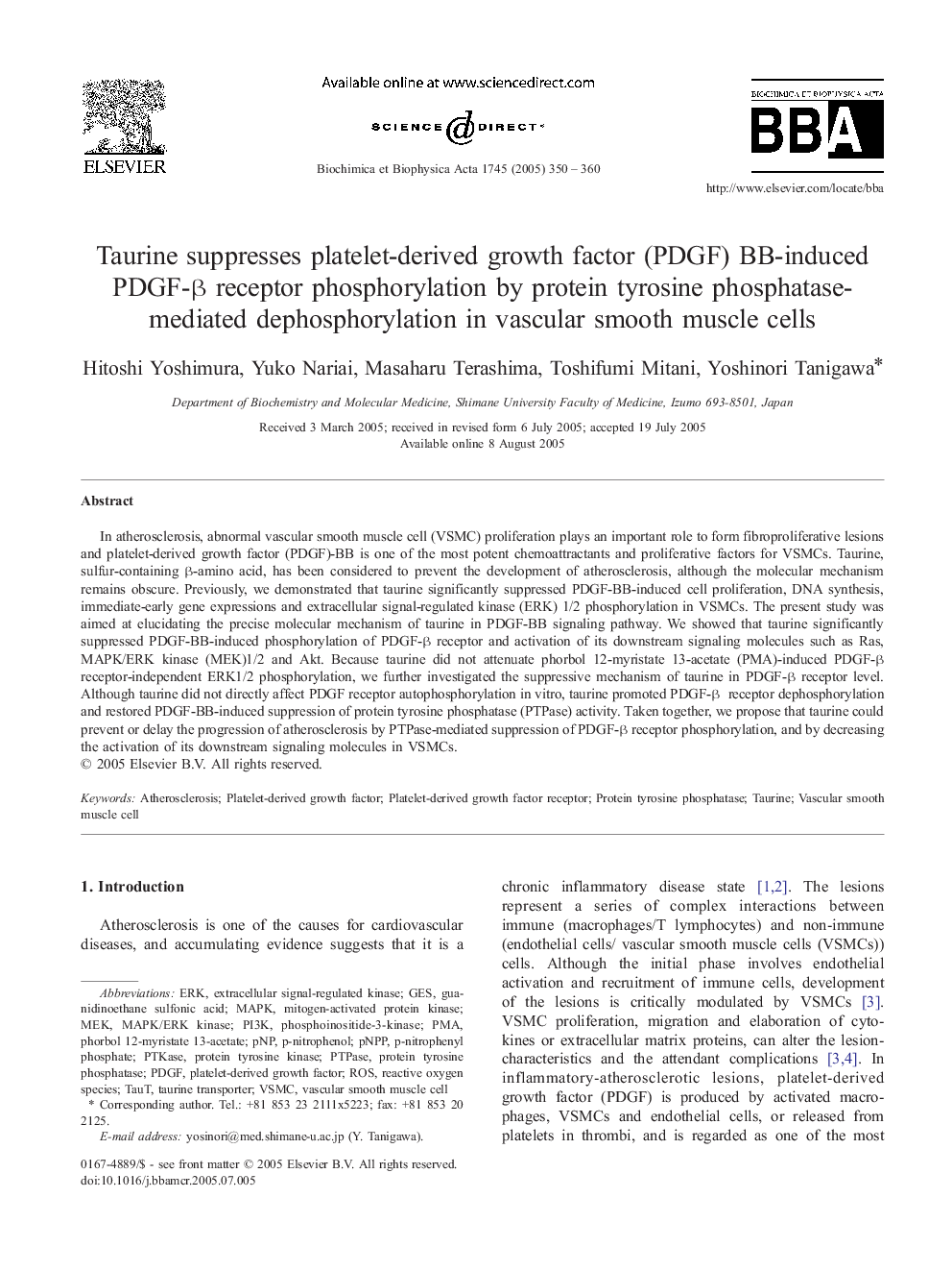 Taurine suppresses platelet-derived growth factor (PDGF) BB-induced PDGF-Î²Â receptor phosphorylation by protein tyrosine phosphatase-mediated dephosphorylation in vascular smooth muscle cells