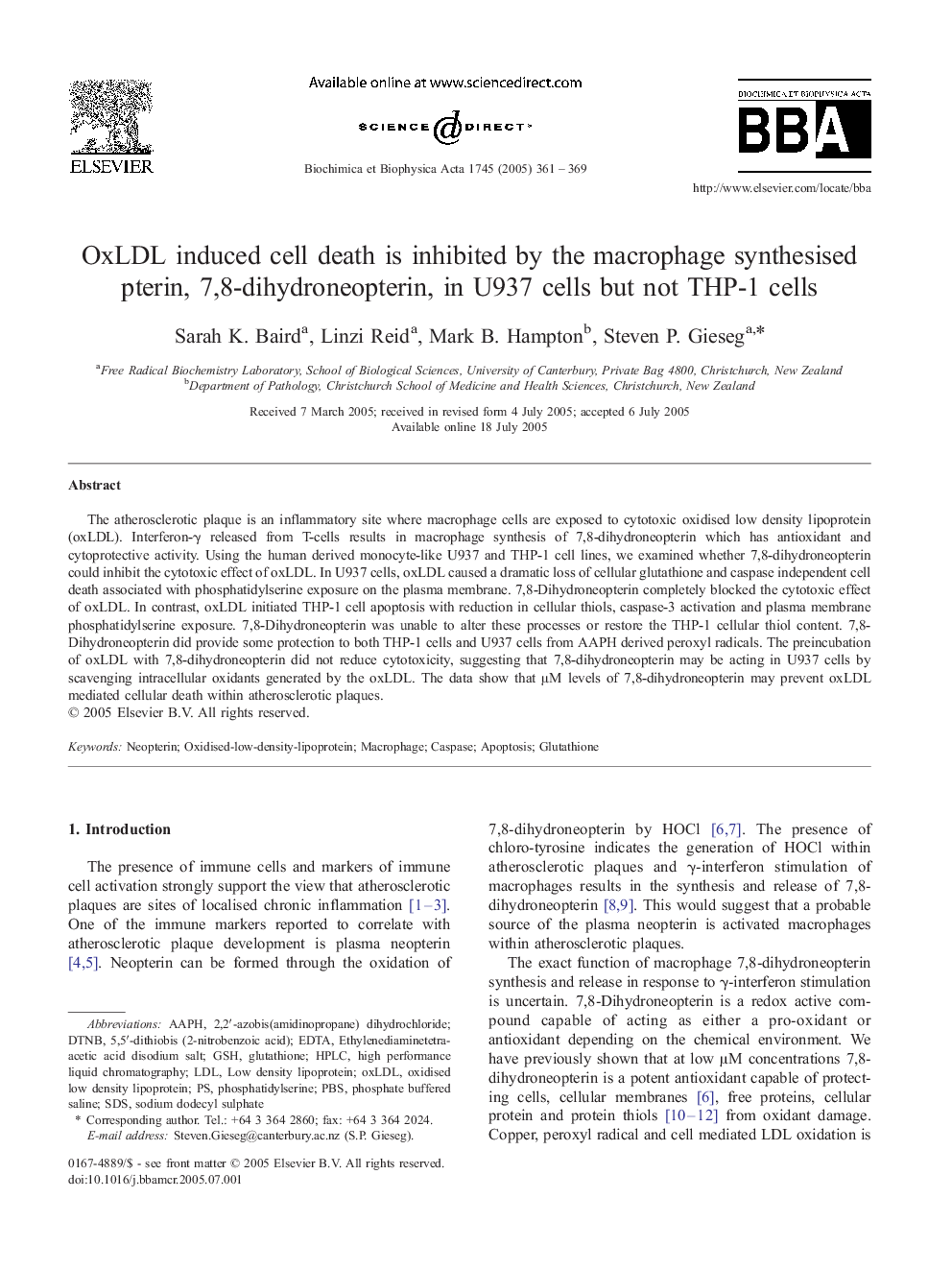 OxLDL induced cell death is inhibited by the macrophage synthesised pterin, 7,8-dihydroneopterin, in U937 cells but not THP-1 cells