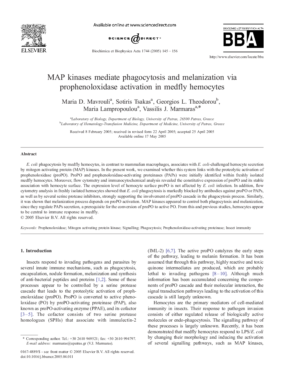 MAP kinases mediate phagocytosis and melanization via prophenoloxidase activation in medfly hemocytes