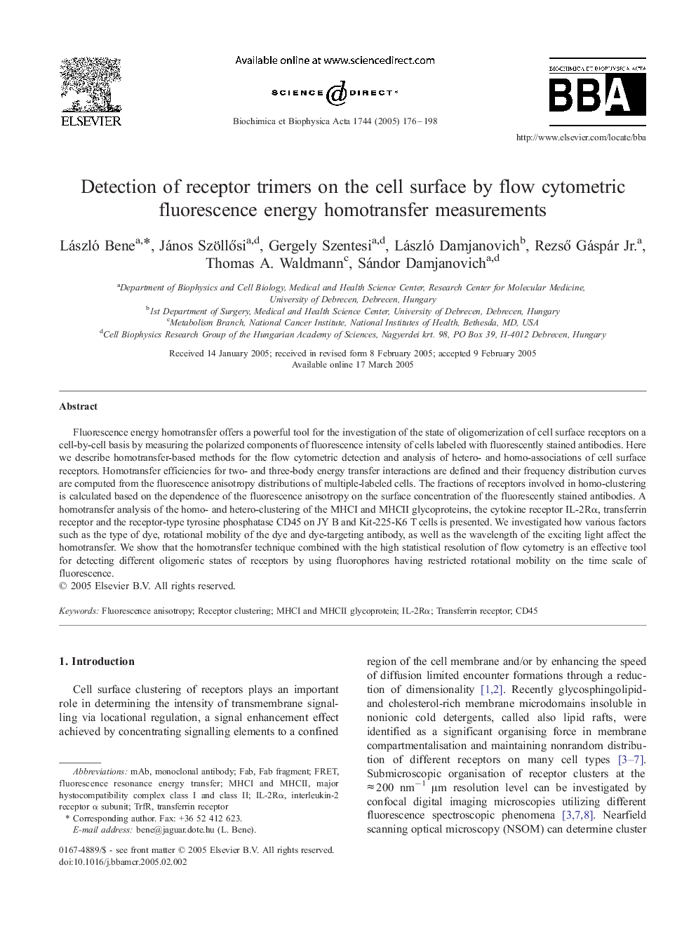 Detection of receptor trimers on the cell surface by flow cytometric fluorescence energy homotransfer measurements