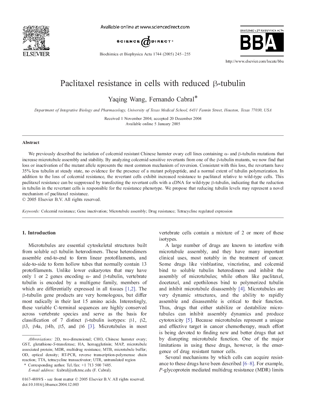 Paclitaxel resistance in cells with reduced Î²-tubulin