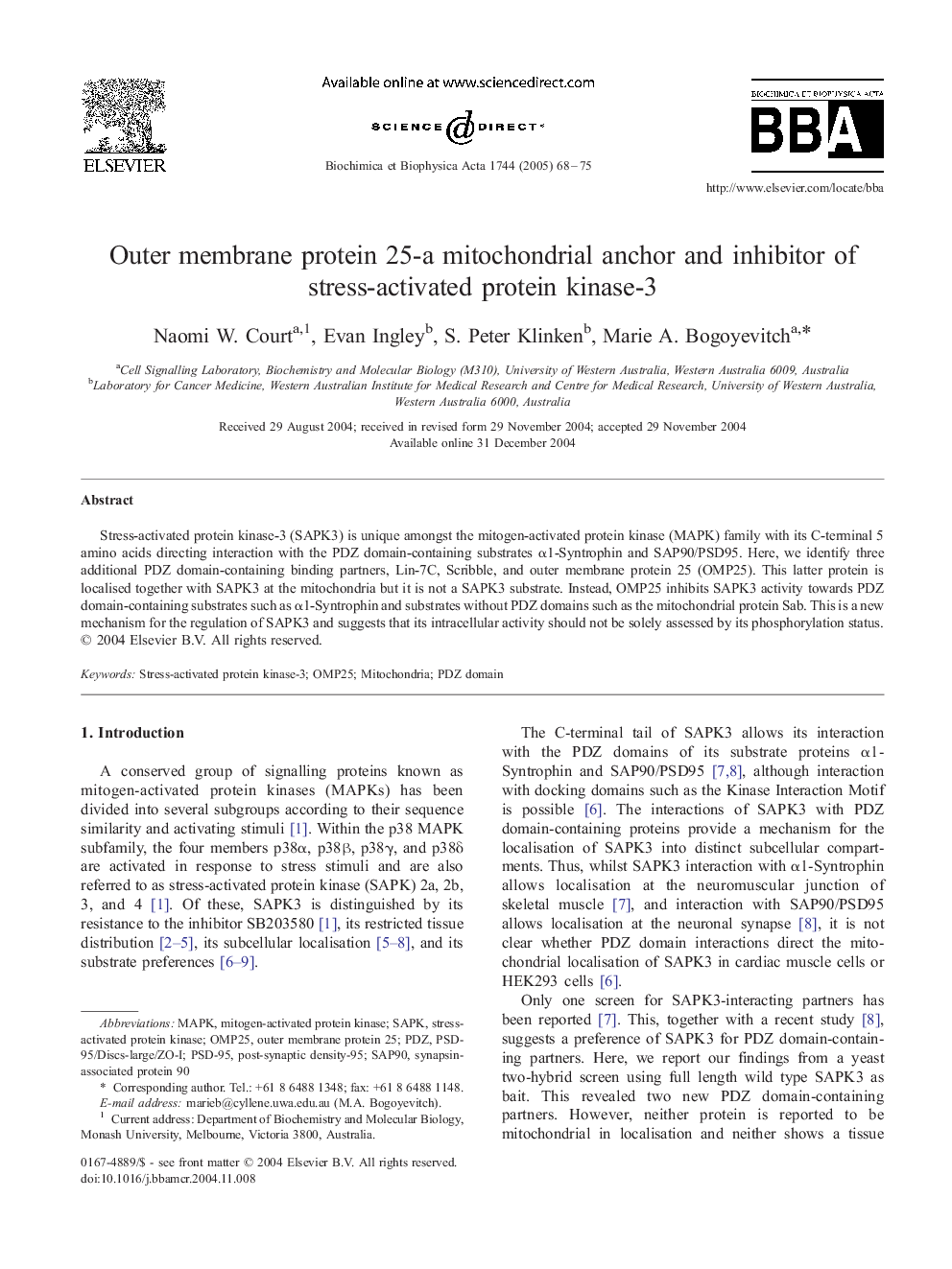 Outer membrane protein 25-a mitochondrial anchor and inhibitor of stress-activated protein kinase-3