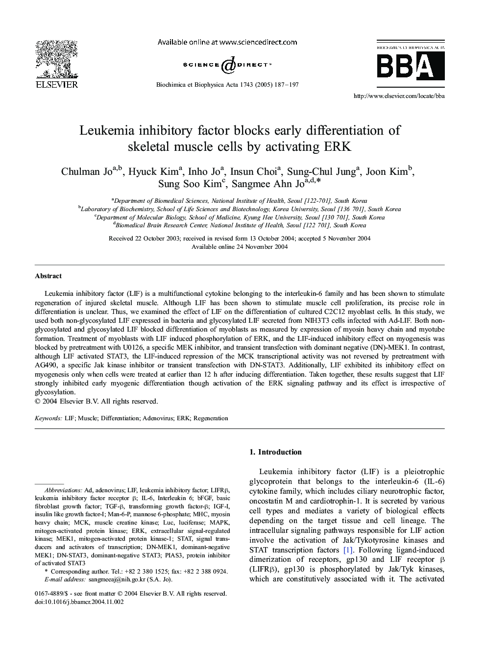 Leukemia inhibitory factor blocks early differentiation of skeletal muscle cells by activating ERK