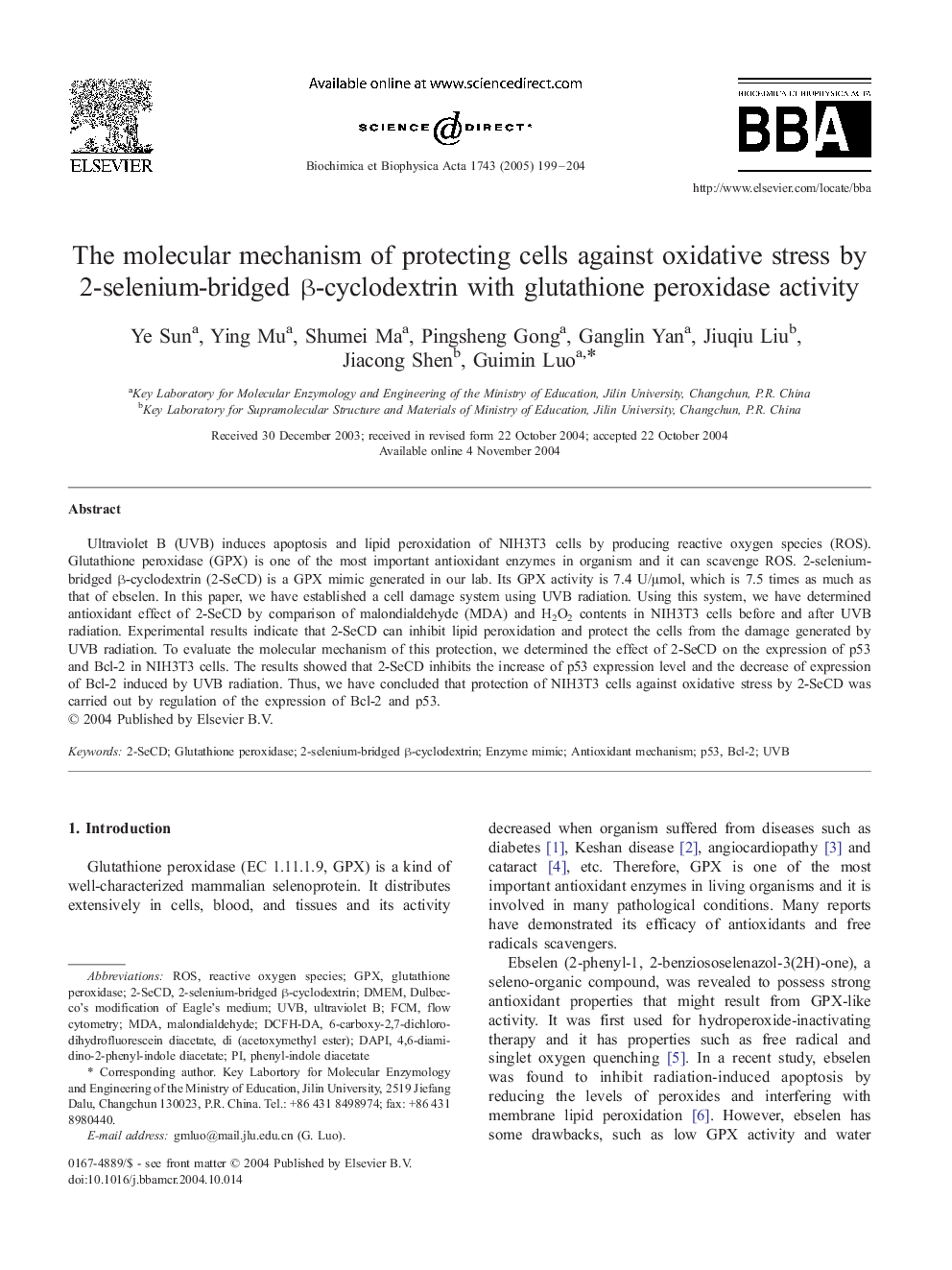 The molecular mechanism of protecting cells against oxidative stress by 2-selenium-bridged Î²-cyclodextrin with glutathione peroxidase activity