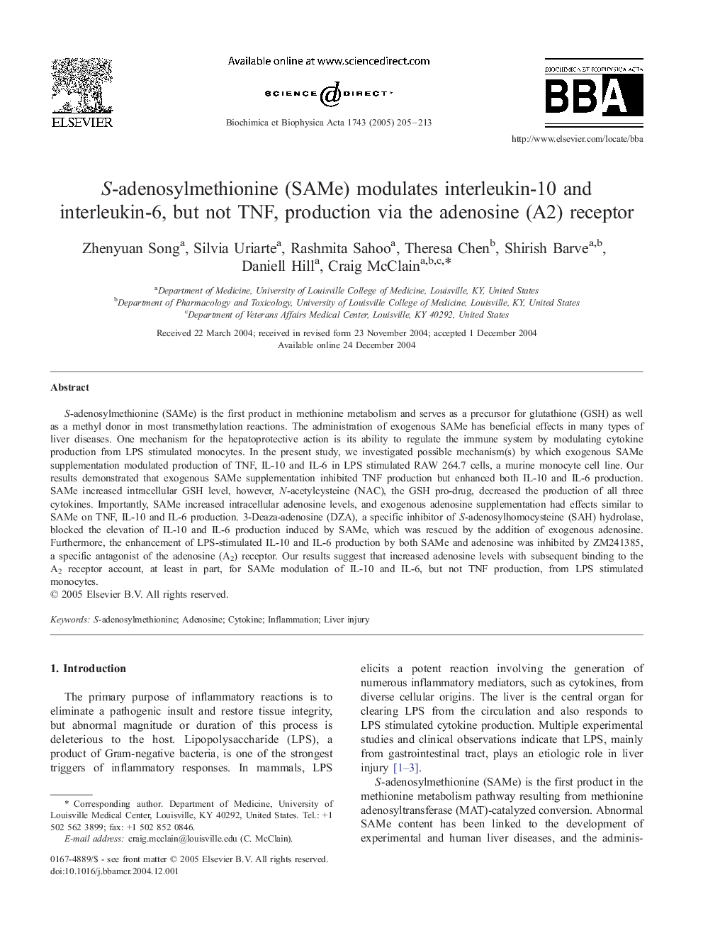 S-adenosylmethionine (SAMe) modulates interleukin-10 and interleukin-6, but not TNF, production via the adenosine (A2) receptor
