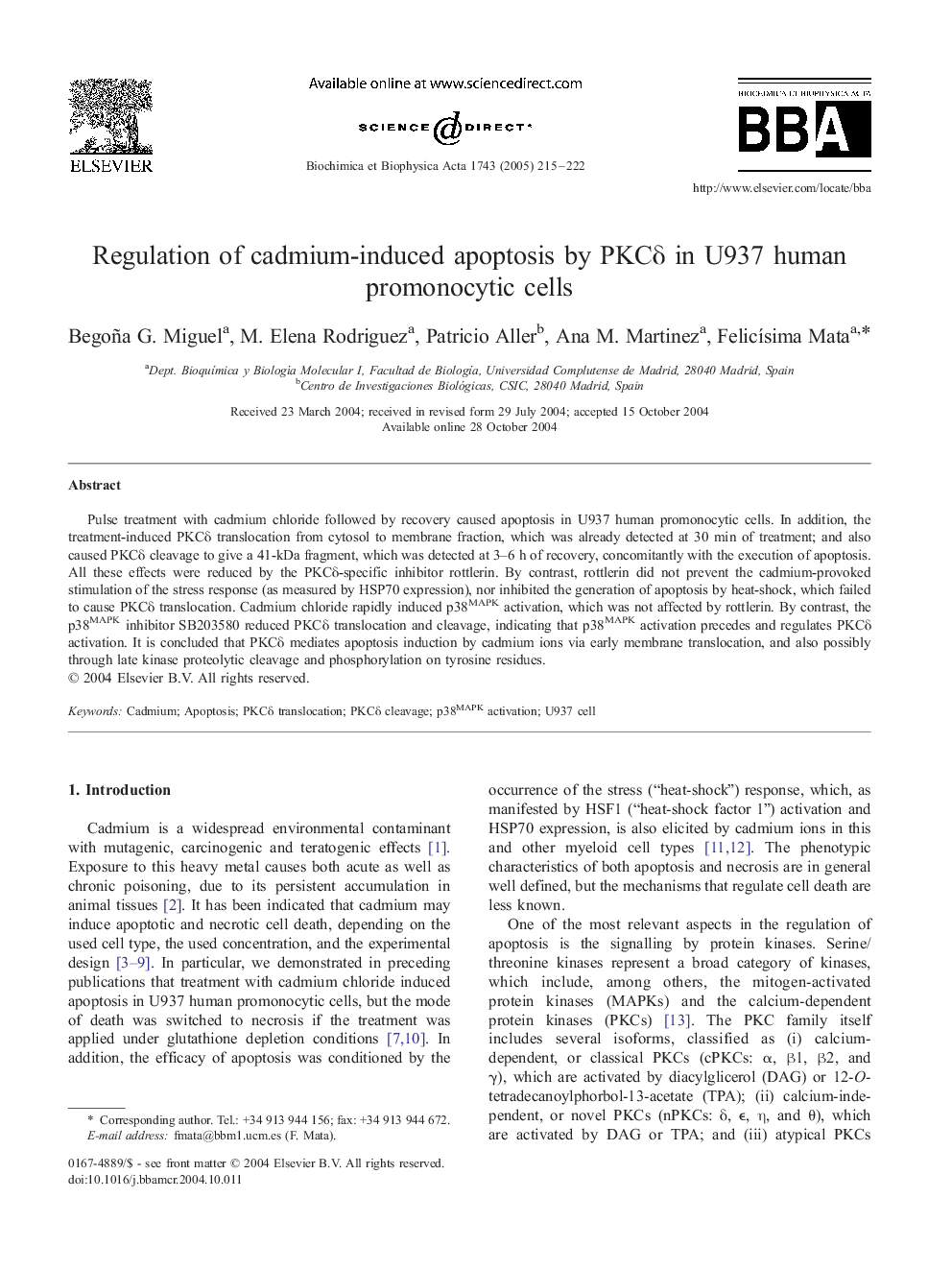 Regulation of cadmium-induced apoptosis by PKCÎ´ in U937 human promonocytic cells