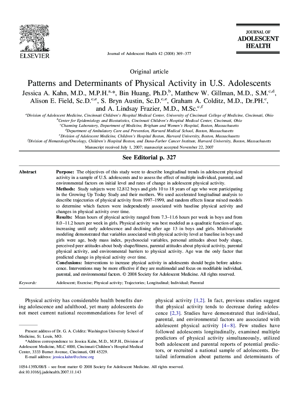 Patterns and Determinants of Physical Activity in U.S. Adolescents